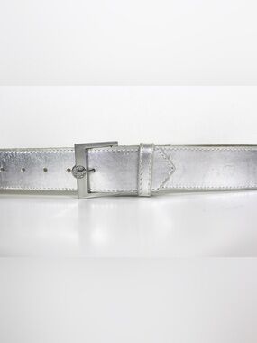 Metallic Silver Leather Belt with Silver Buckle Shiny Made in USA